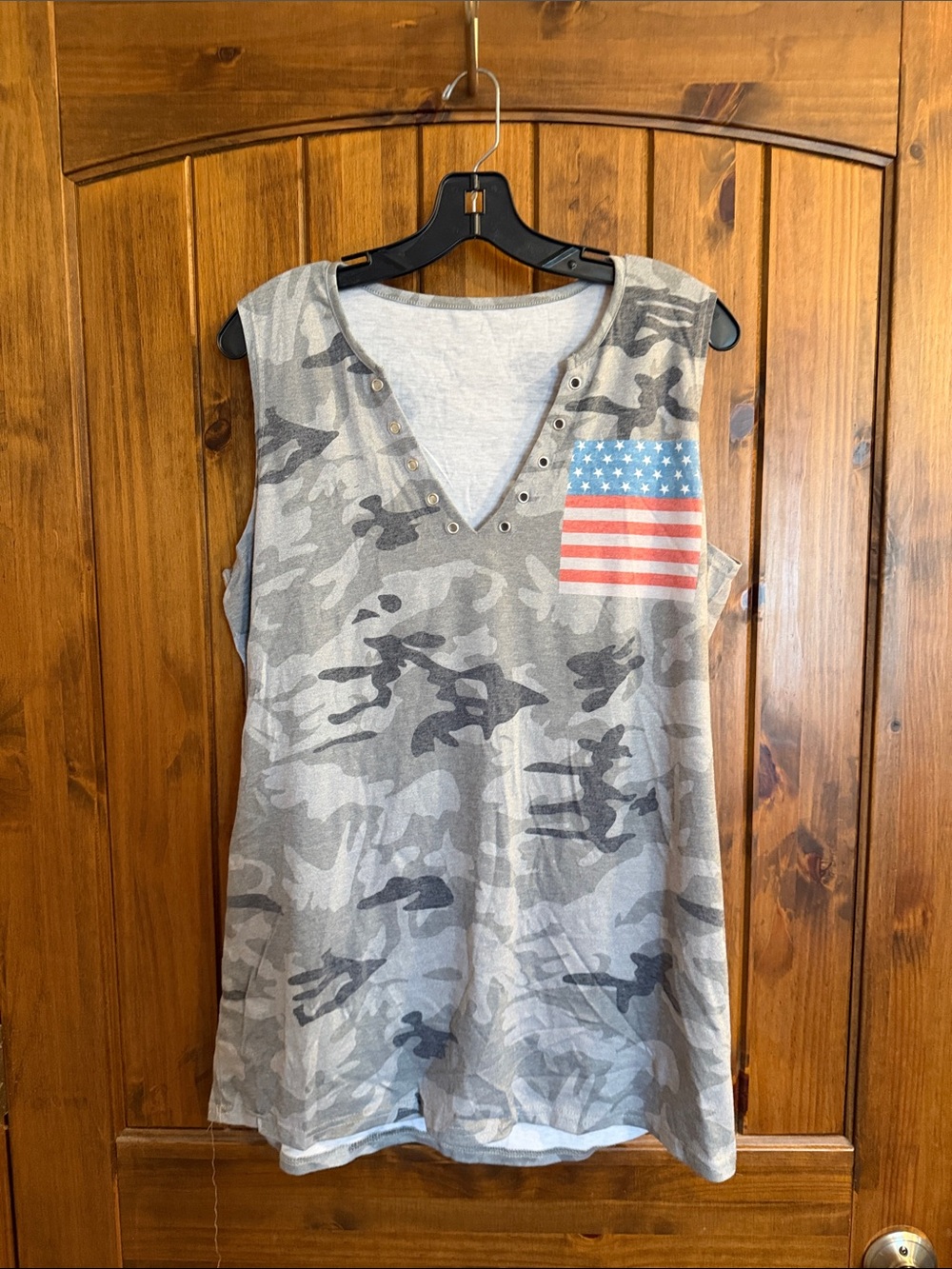 Grey Camo Sleeveless V-Neck Tank with American Flag Patch